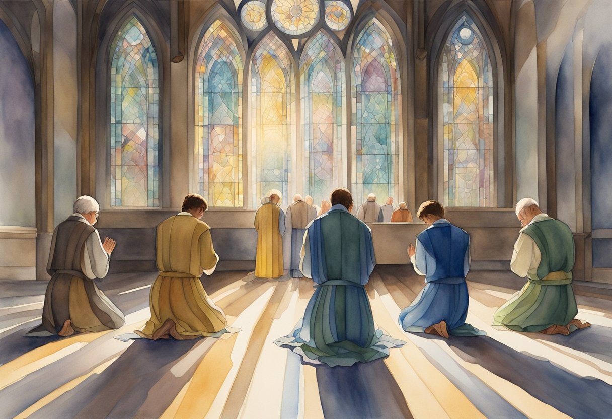 A group of people gather in a circle, heads bowed in prayer, as rays of light filter through stained glass windows onto the floor