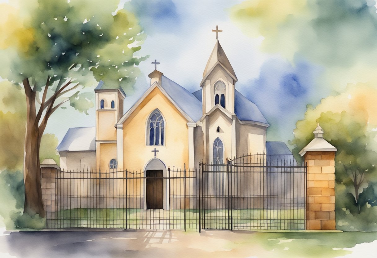 A church building with a prison in the background, symbolizing the role of the church in prison ministry and the Christian view on redemption behind bars