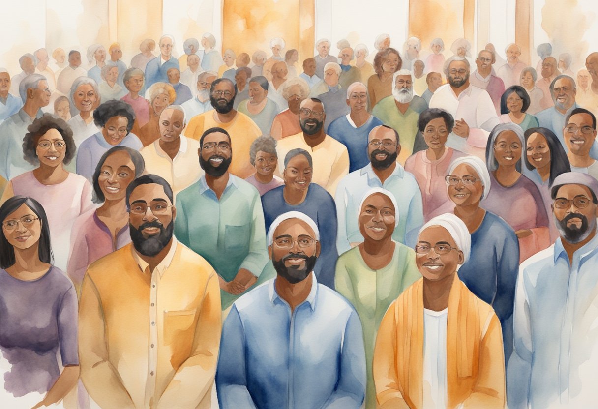 A diverse group of people gathered in a worship space, each expressing their faith through different styles of worship, while still uniting in their shared Christian beliefs