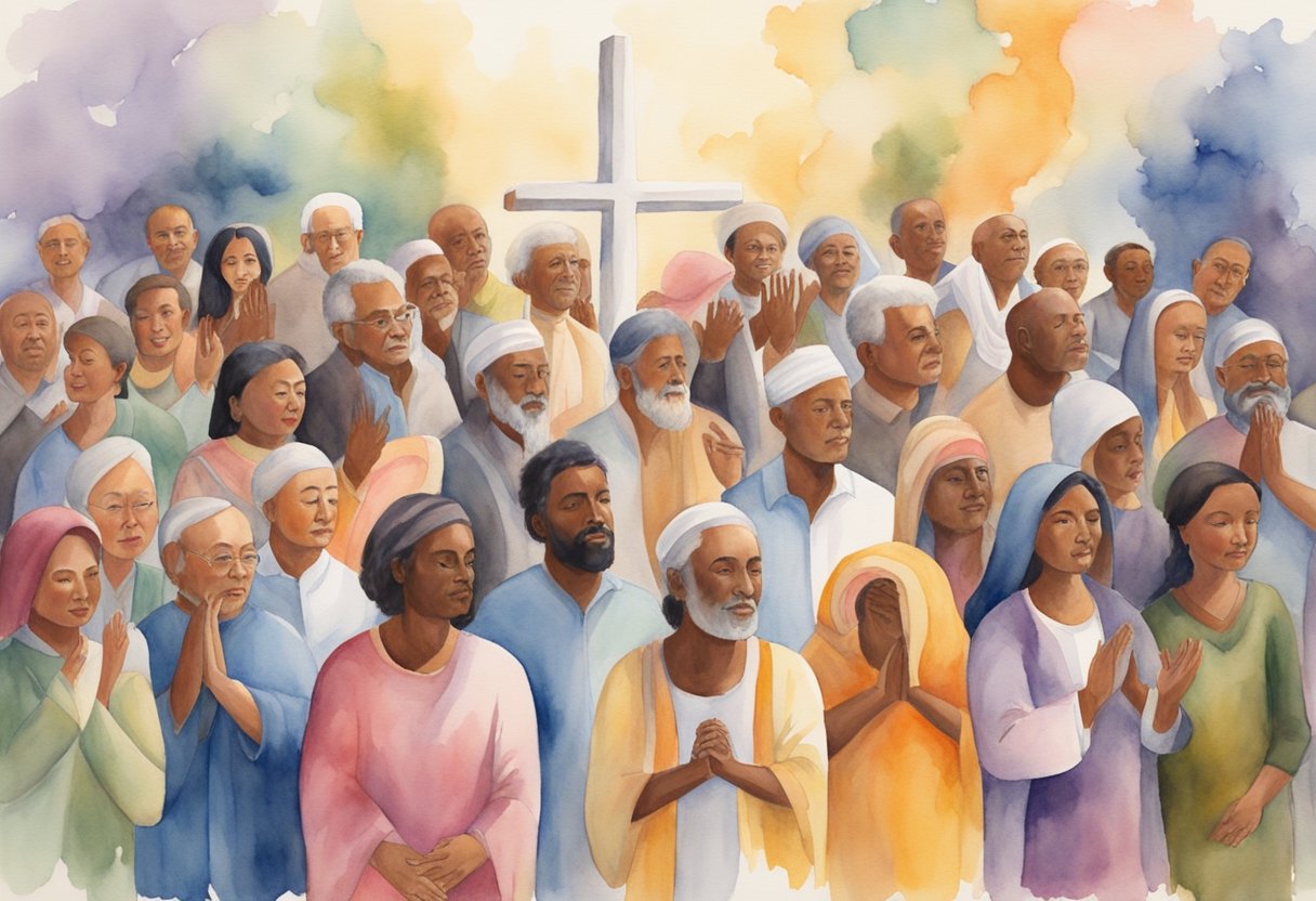 A diverse group of people from different cultures and backgrounds coming together in a place of worship, each expressing their unique style of worship while still uniting in their shared faith