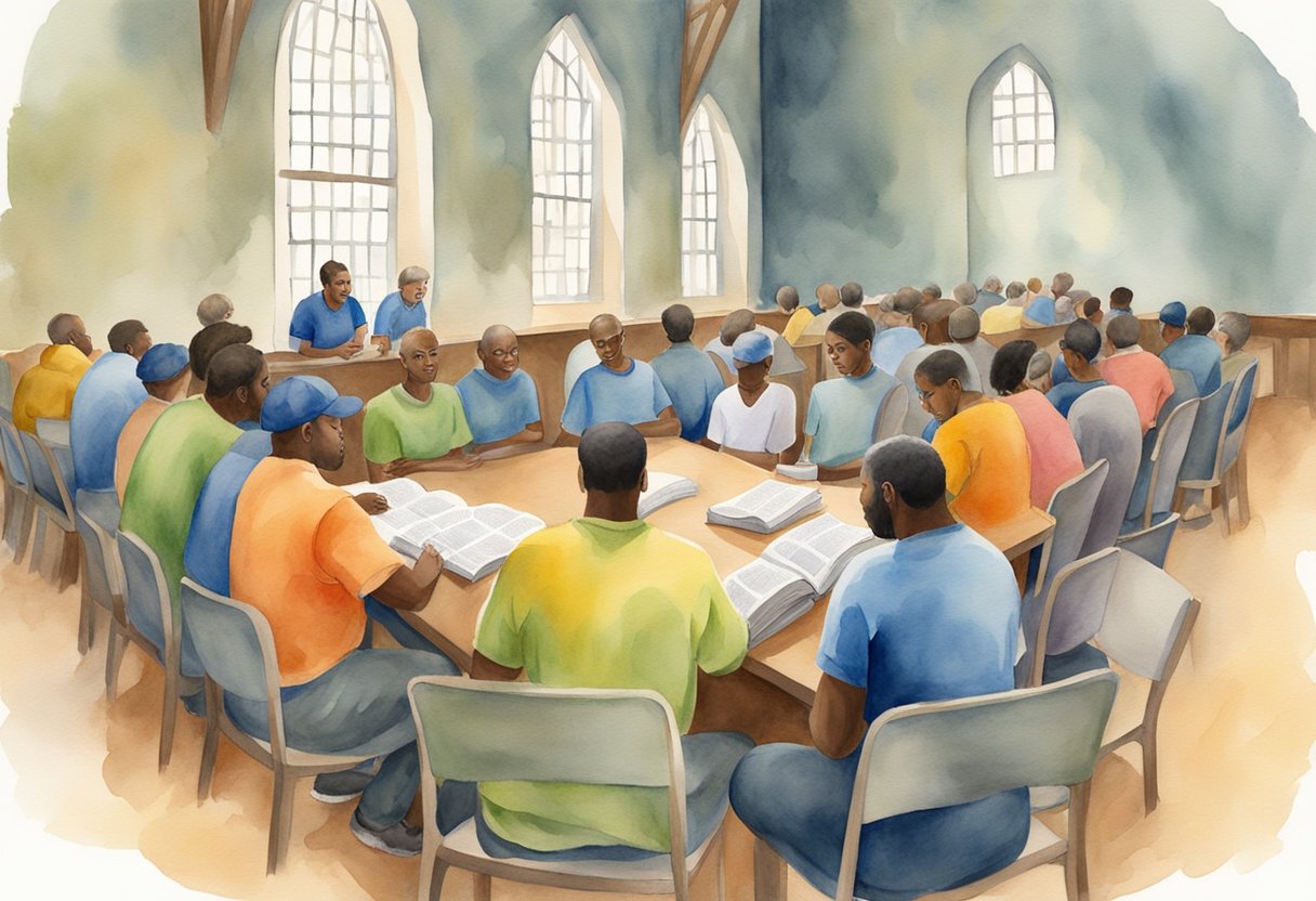 A group of volunteers leads a Bible study in a prison chapel, offering hope and support to inmates seeking redemption