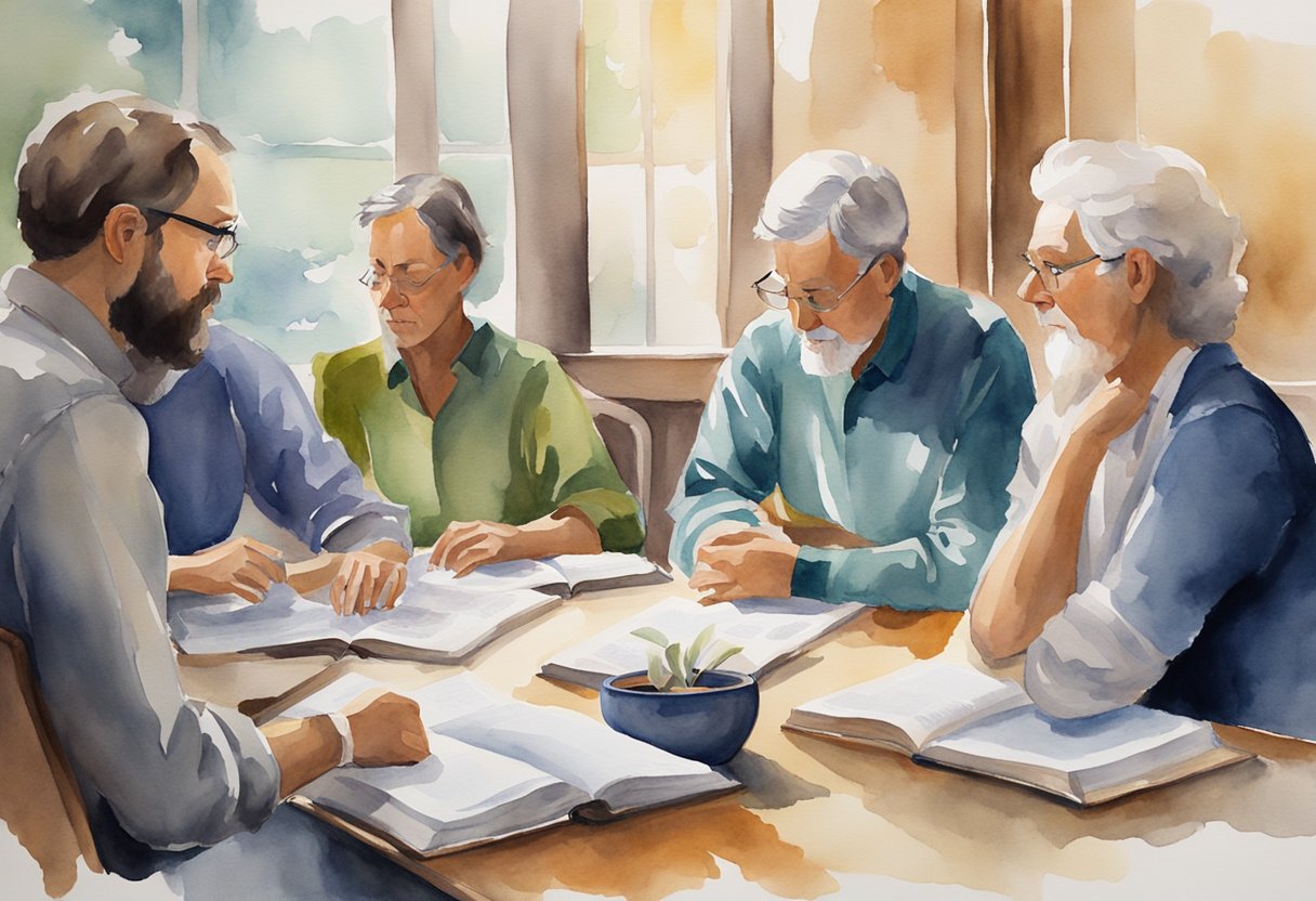 A group of people gathered around a table, engaged in deep discussion while studying the Bible. A sense of contemplation and enlightenment fills the room
