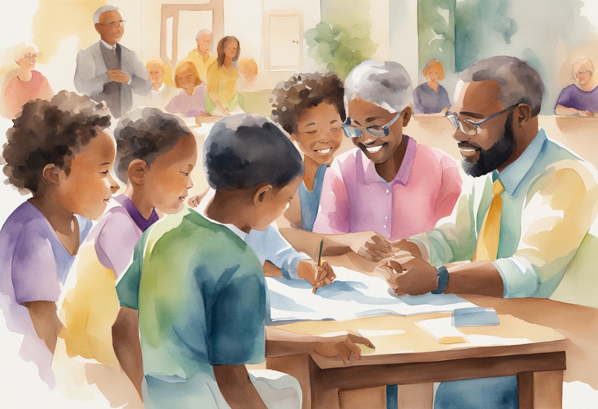 A diverse group of people of all ages engaged in interactive learning and discussion in a modern Sunday school setting