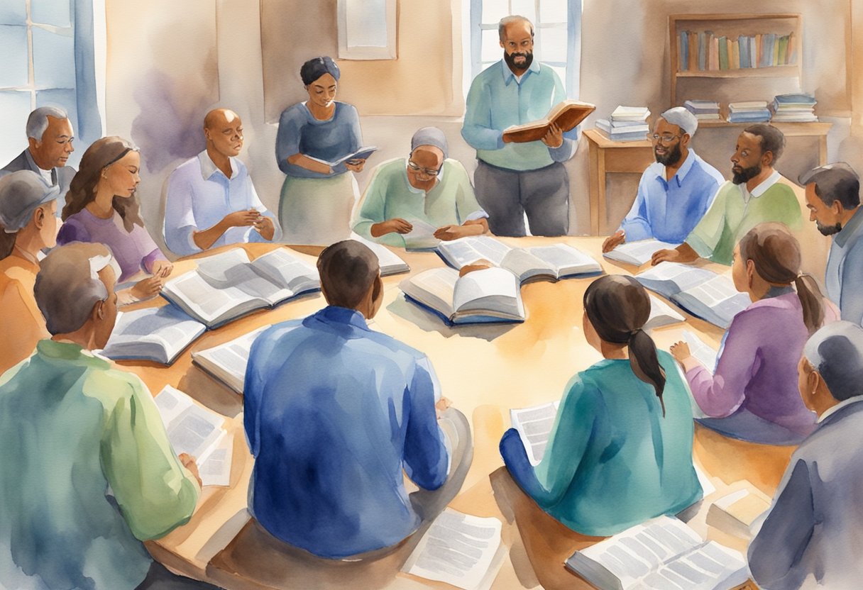 A group of people sitting in a circle, engaged in lively discussion and studying the Bible together. Bibles and study materials are spread out on a table in the center of the room
