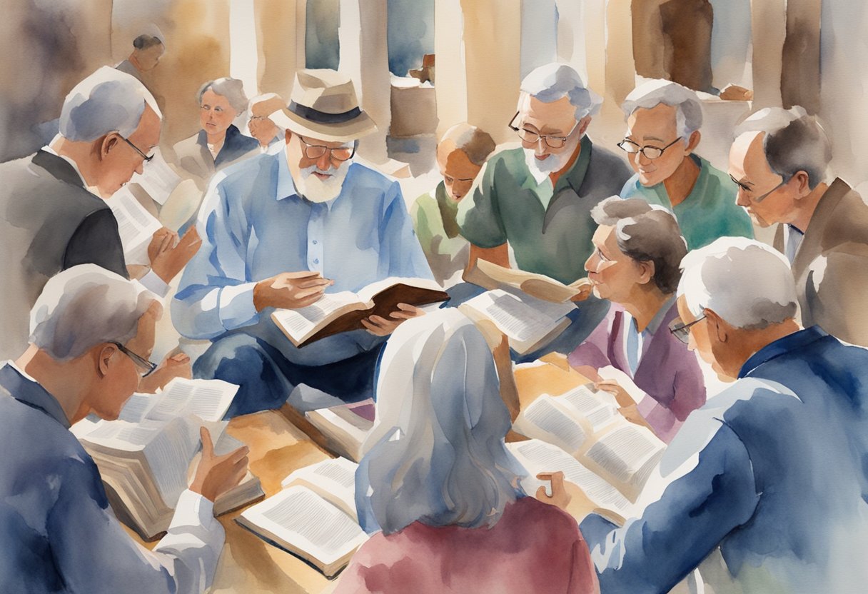 A group of people engaged in a lively discussion, surrounded by open Bibles and study materials, as they seek to deepen their understanding of Biblical teachings