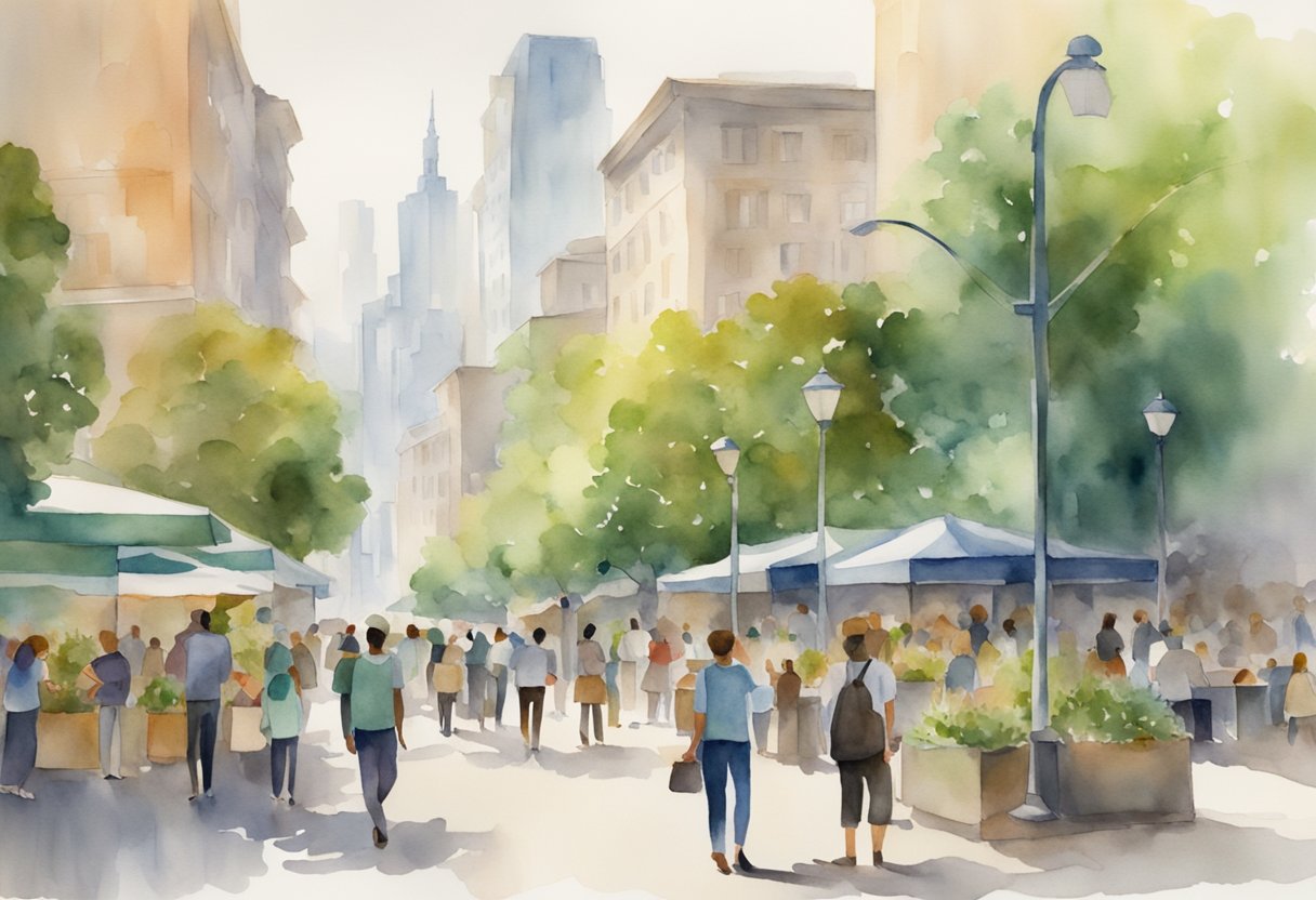 A bustling city skyline with diverse buildings and people, surrounded by greenery and a sense of community