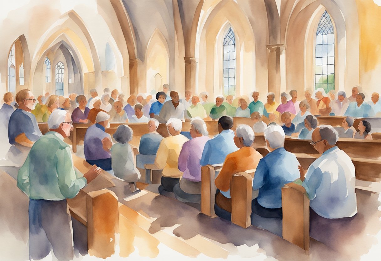 A group of people of all ages gathered in a church setting, engaging in various activities and discussions related to Christian missions and community outreach