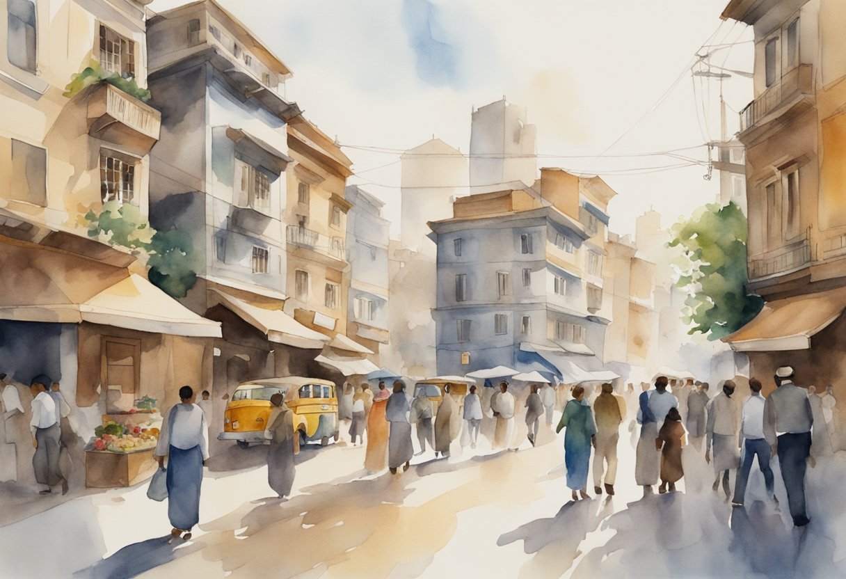 A bustling city street with diverse architecture, people interacting, and various cultural symbols present