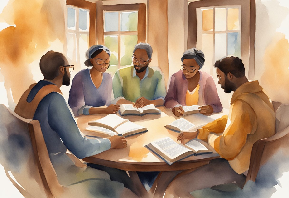 A group of people gathered in a circle, studying the Bible together with open books and thoughtful expressions, surrounded by warm, inviting light