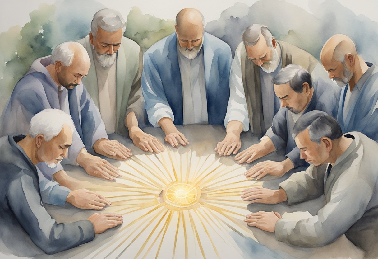 A group of men gather in a circle, heads bowed in prayer. A leader stands at the center, guiding and strengthening their faith