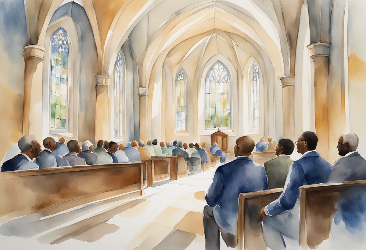 A group of men gather in a church setting, engaging in discussions and activities focused on strengthening leadership within the community