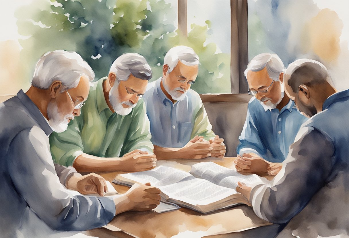 A group of men gathered in prayer, studying scripture, and engaging in discussions focused on personal development and leadership within the context of Christian men's ministries