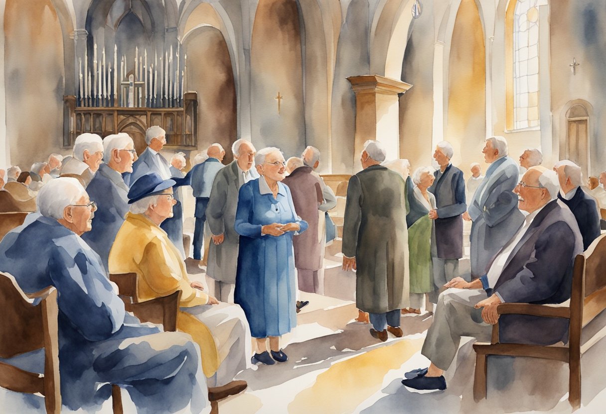 A group of elderly individuals gather in a church setting, engaged in conversation and fellowship. A sense of respect and honor is evident in their interactions