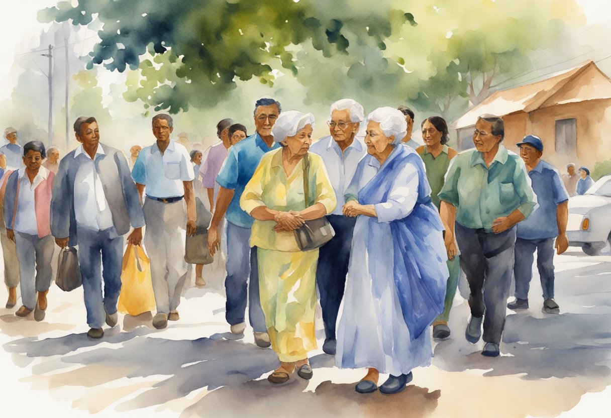 An elderly woman is being escorted across the street by a young man, while others stop to greet and show respect