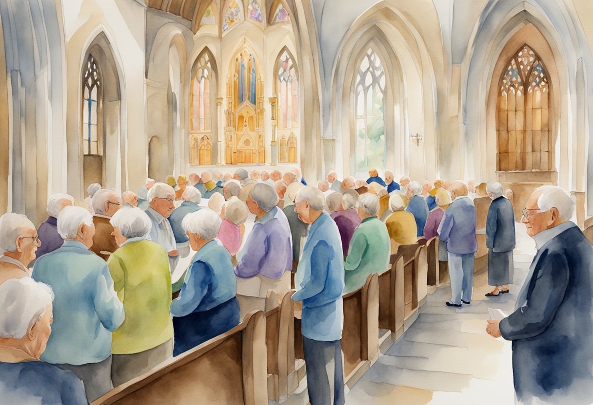 A group of elderly individuals gather in a church setting, engaged in activities that honor and support their spiritual and physical well-being