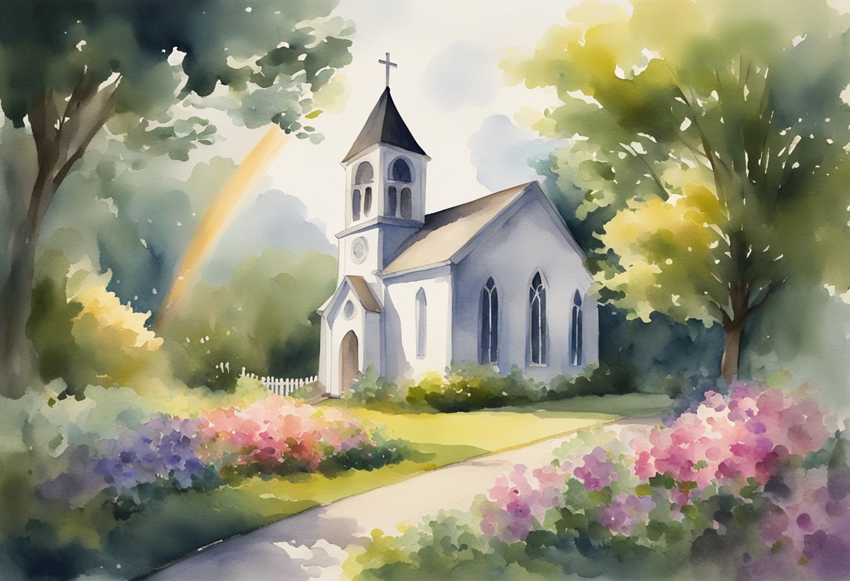 A small, aging church building surrounded by vibrant greenery and blooming flowers, with rays of sunlight breaking through the clouds above