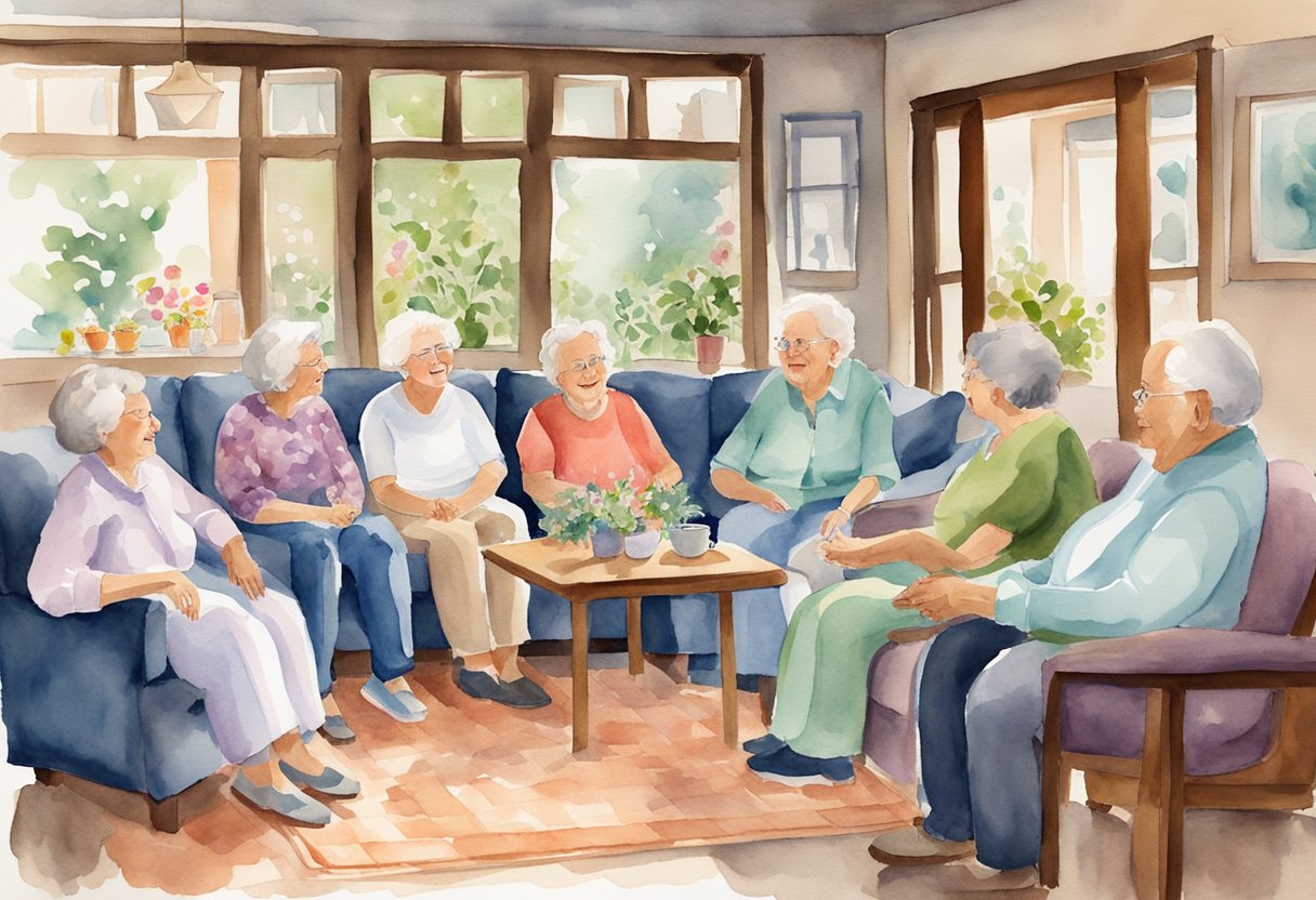 An elderly woman sits in a cozy living room, surrounded by family and friends. They are engaged in conversation, laughter, and sharing memories