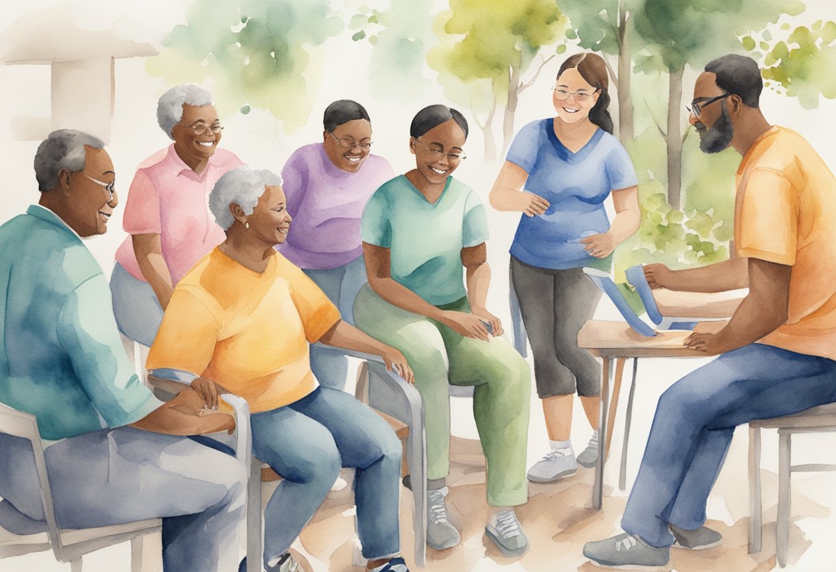 A diverse group of individuals with varying abilities engage in activities together, showing inclusivity and care in a special needs ministry setting