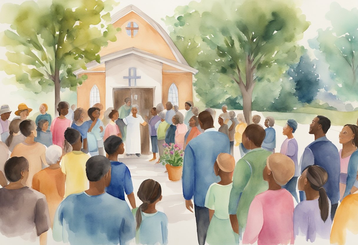 A diverse group of people gather in a welcoming church setting, engaging in community outreach and revitalization efforts through various activities and programs