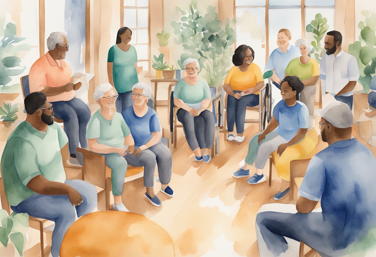 A diverse group of individuals of varying abilities gather in a welcoming and inclusive environment, engaging in activities and receiving care and support