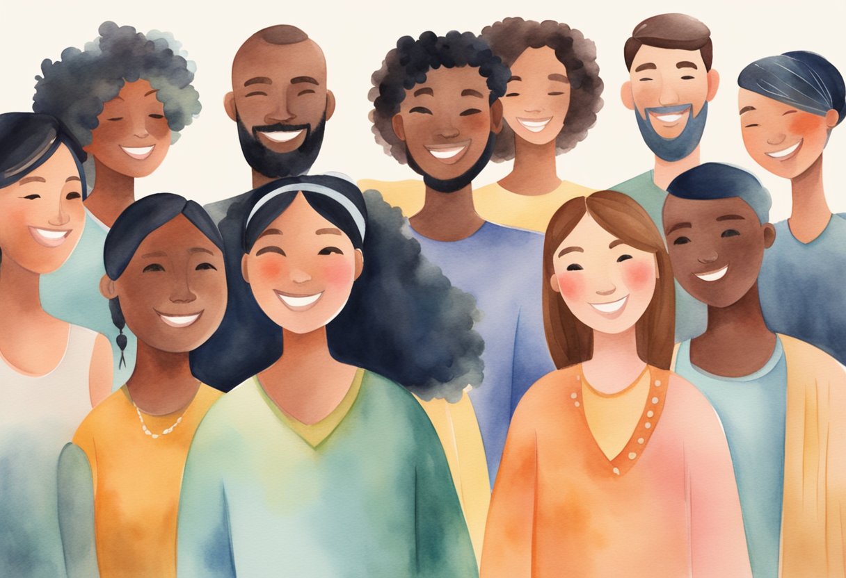 A diverse group of people from different cultural backgrounds standing together in a circle, holding hands and smiling