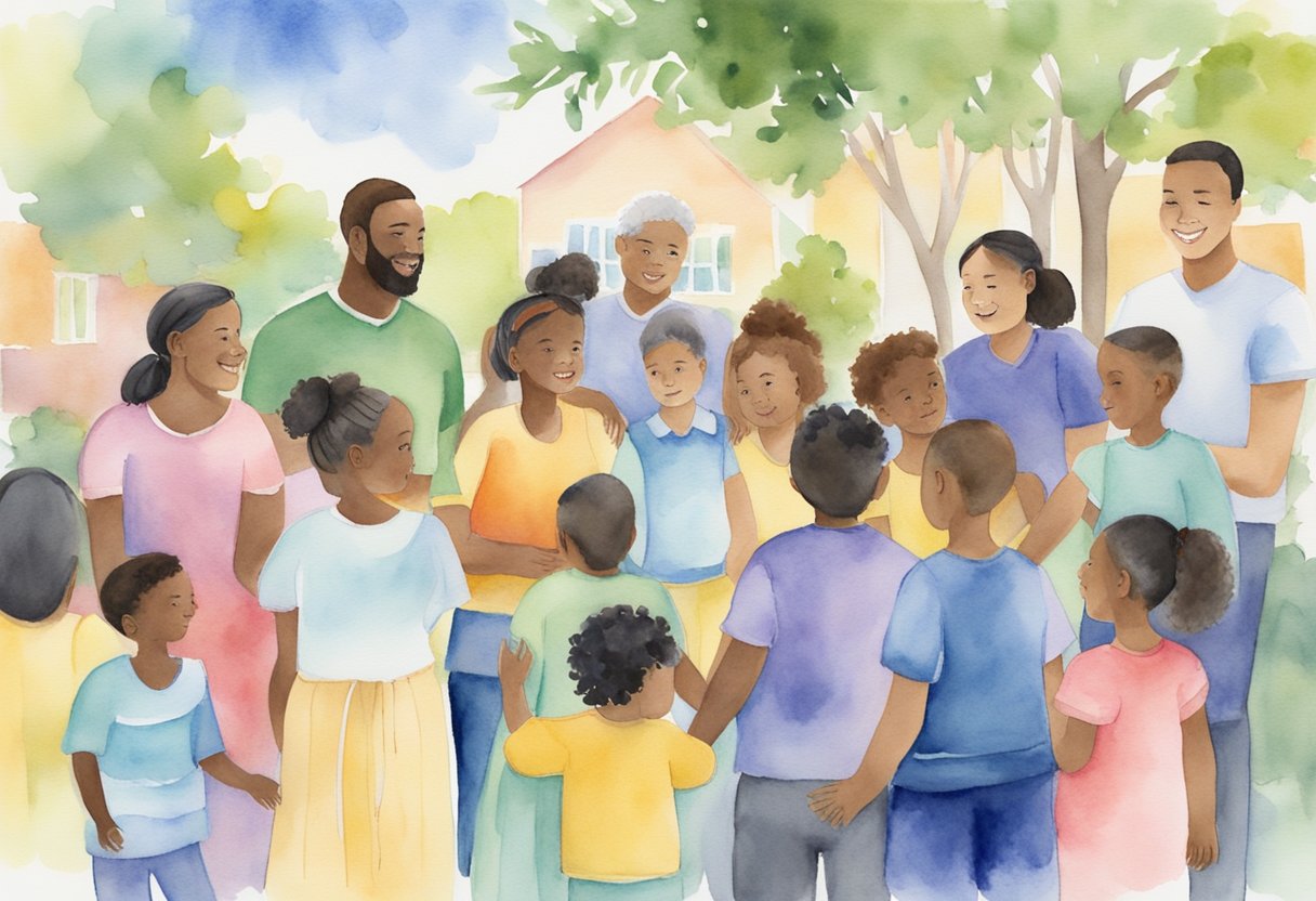 A group of diverse children and families gather in a welcoming and inclusive environment, showing care and support for individuals with special needs