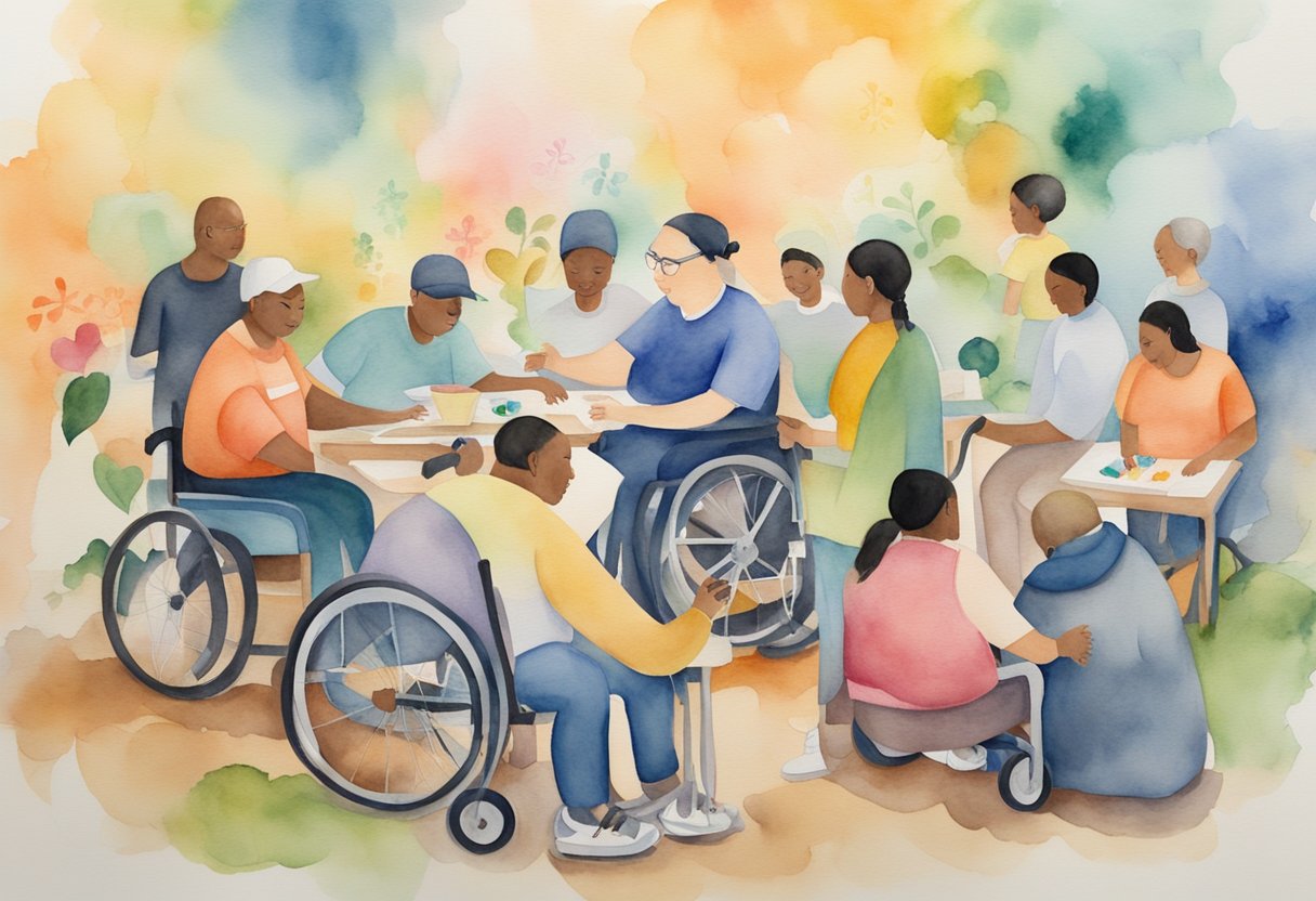 A diverse group of individuals with various disabilities engage in activities together, surrounded by symbols of love, compassion, and accessibility