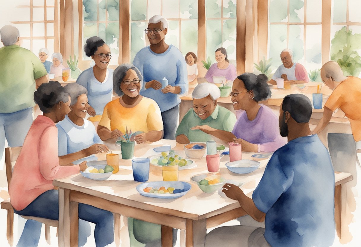 A diverse group of individuals with varying abilities engaging in activities together, surrounded by a welcoming and supportive environment