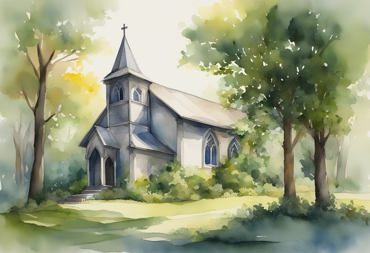 A small, dilapidated church building surrounded by overgrown greenery, with a bright light shining through the stained glass windows