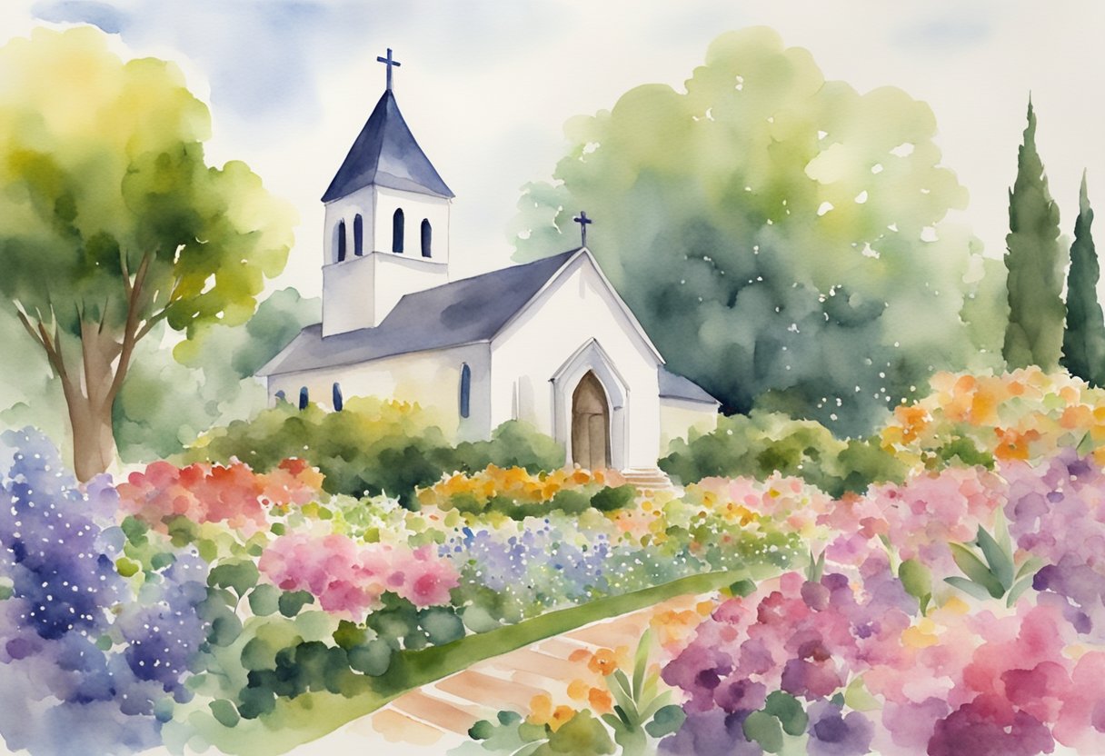 A group of diverse church buildings surrounded by blooming gardens, symbolizing Christian respect for denominational differences