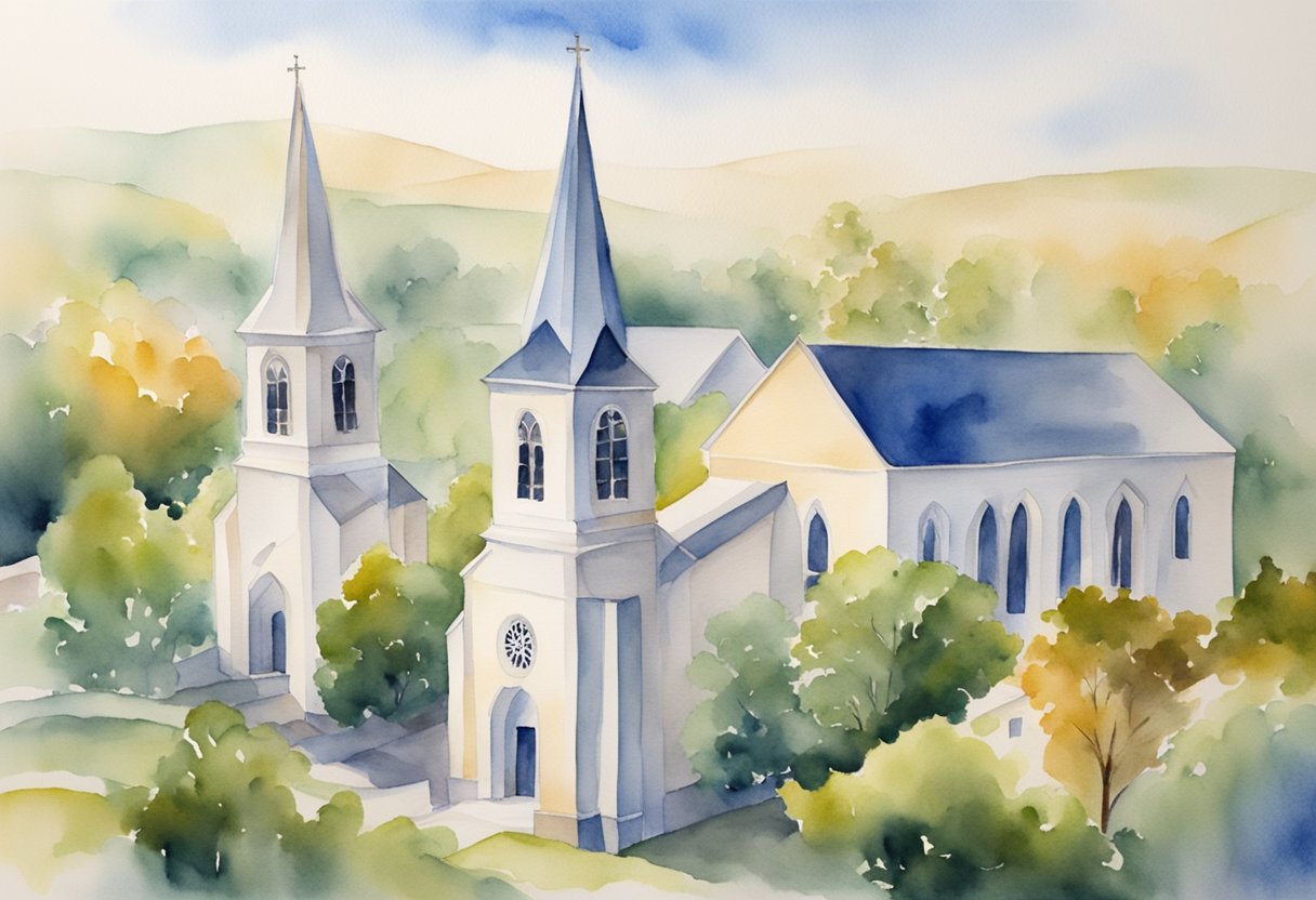 Two churches coming together, their buildings and steeples merging into one, symbolizing unity and strength in the Christian faith