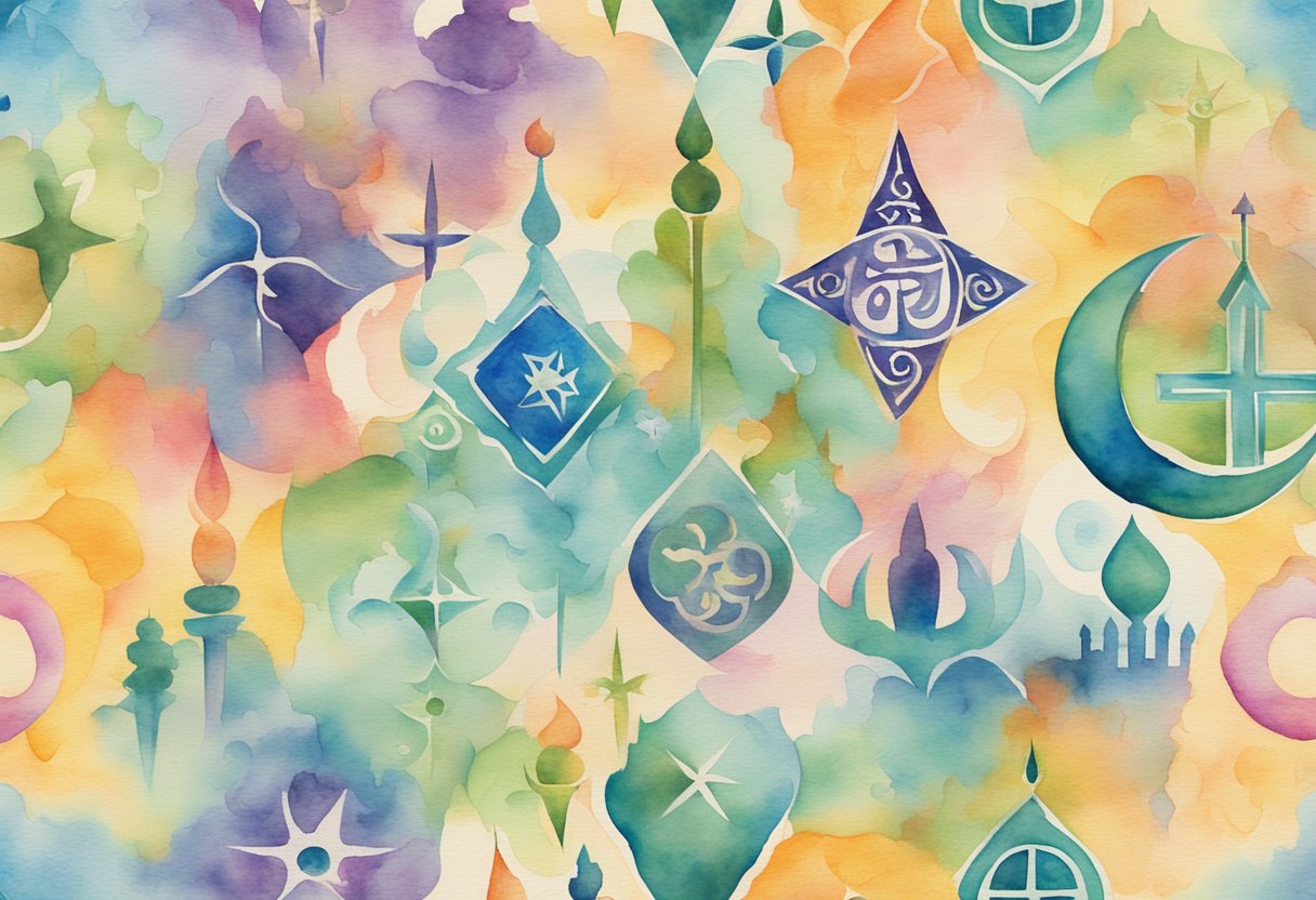 A group of diverse religious symbols peacefully coexisting in a colorful and harmonious display
