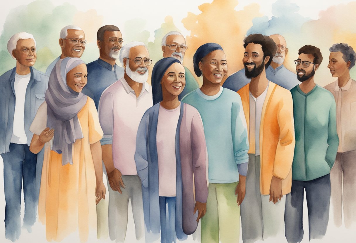 A diverse group of people from different denominations peacefully coexisting and engaging in respectful dialogue