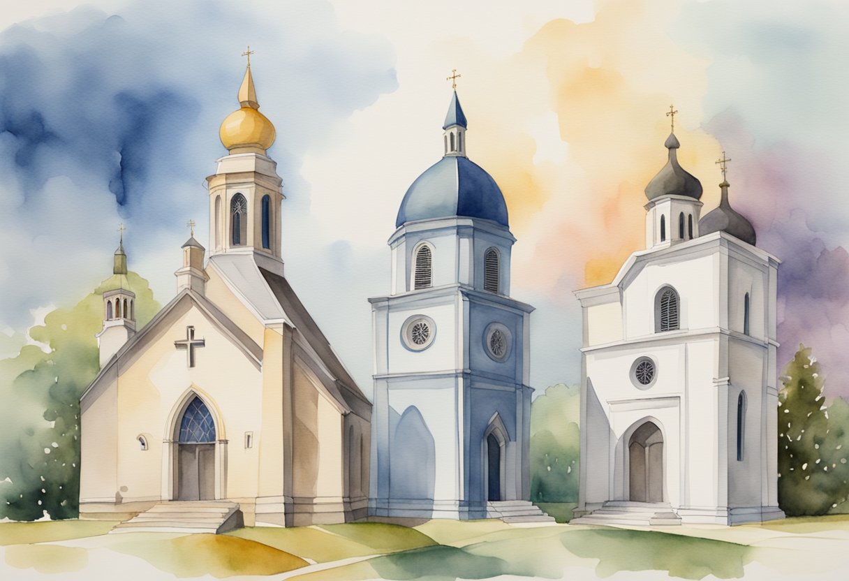 A group of diverse churches standing side by side, each with its own unique architecture and design, representing the variety of denominations within Christianity
