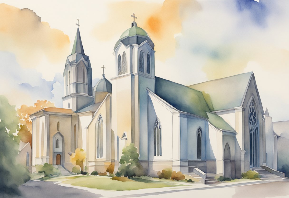 A group of diverse church buildings merging together into one unified structure