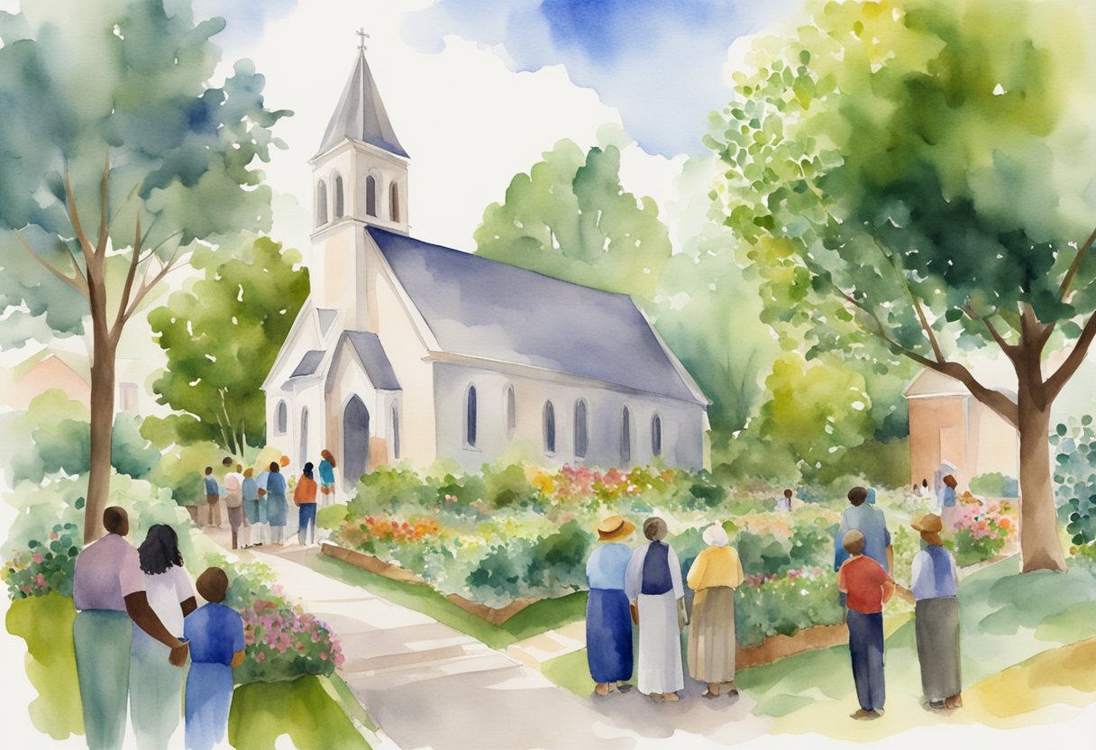 A group of diverse church buildings stand side by side, surrounded by a lush garden. People from different denominations are seen collaborating on various community projects