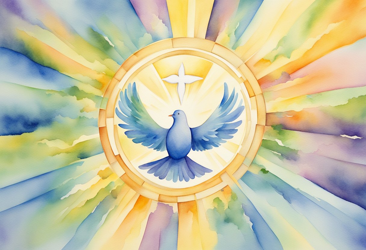 Different denominational symbols (cross, dove, etc.) coming together in a circle, surrounded by rays of light, representing unity and cooperation