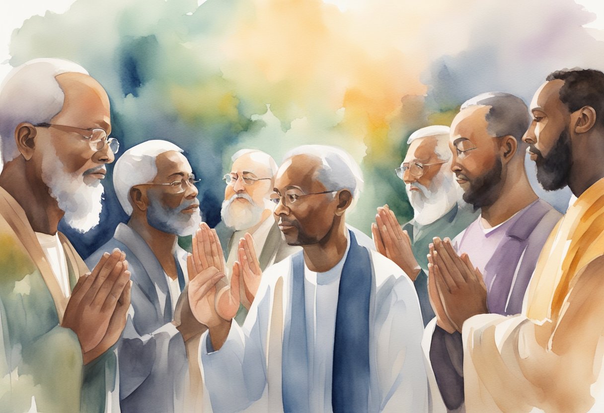 A diverse group of people from different Christian denominations coming together in prayer and collaboration to promote unity and cooperation