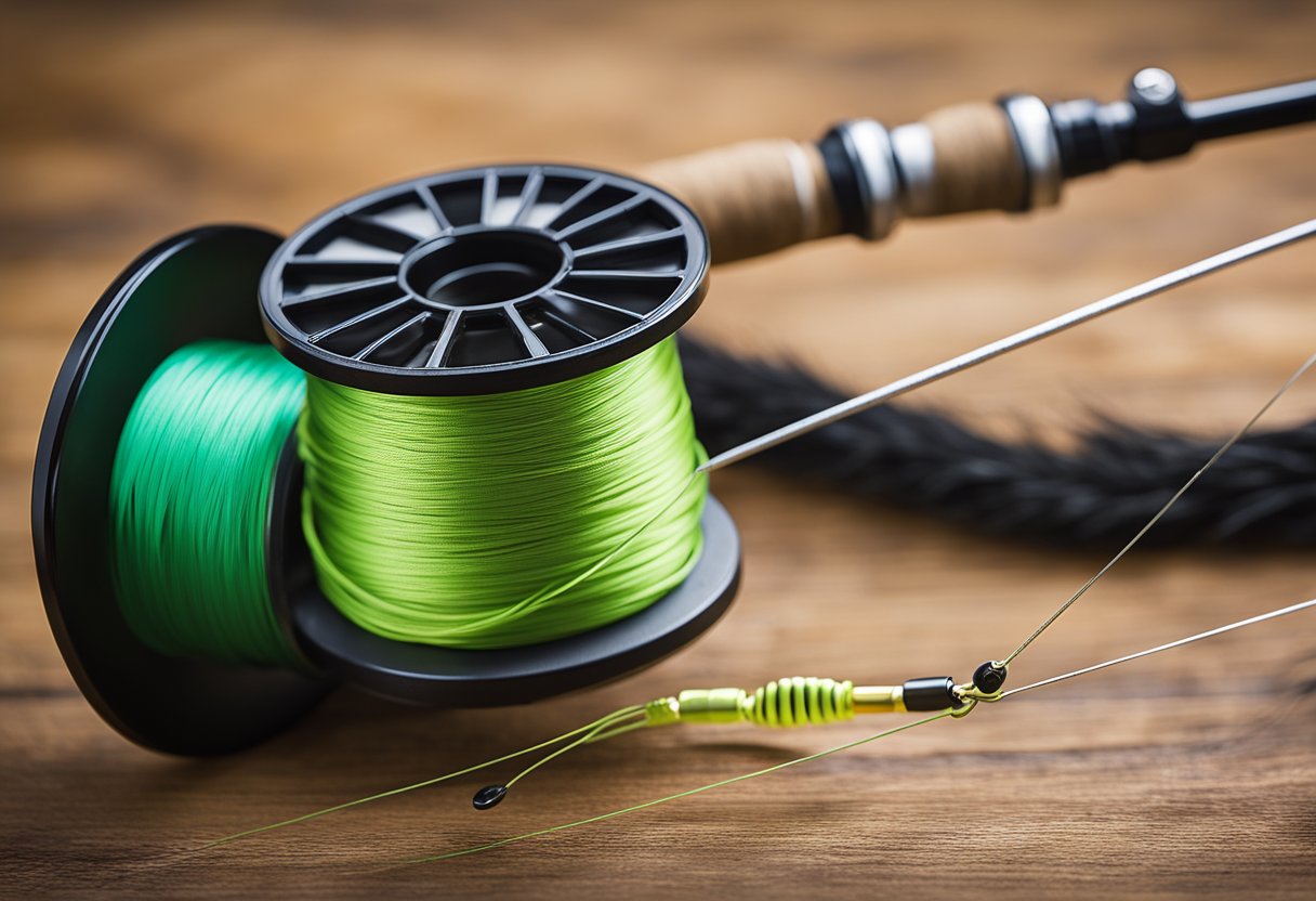 A fly line extends from a fishing rod, with a tippet attached to the leader. A spool of fluorocarbon and nylon tippet options sit nearby for comparison