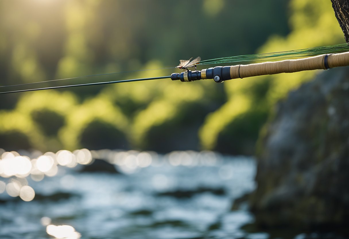 A fly line extends from a fishing rod into a clear, flowing river. A leader is attached to the fly line, with a tippet extending from the leader. Nearby, spools of fluorocarbon and nylon tippet options are displayed