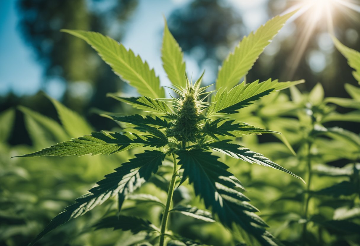 Eine Cannabis-Pflanze, die in einem deutschen Feld wächst, umgeben von anderen Pflanzen und Bäumen, unter einem klaren blauen Himmel.