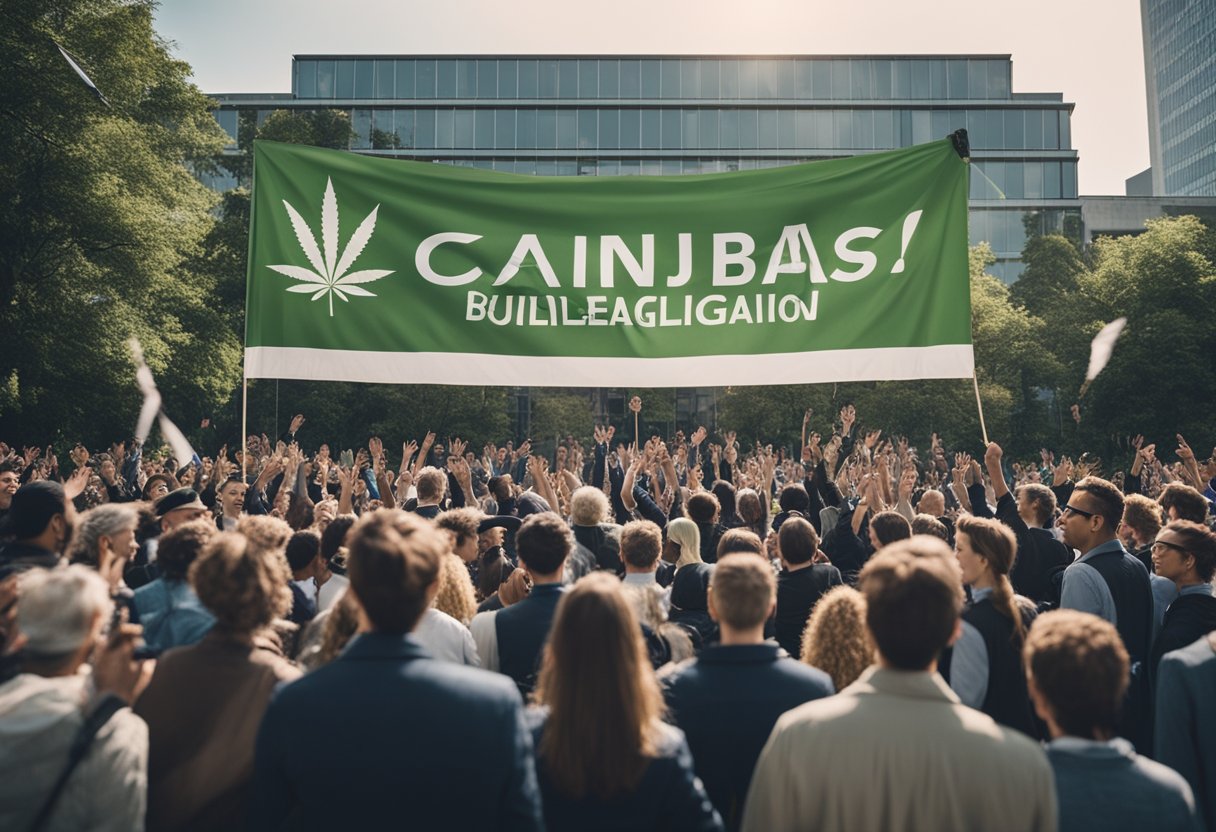 Eine Gruppe von Menschen feiert vor einem Regierungsgebäude mit einem großen Banner "Cannabis-Legalisierung".