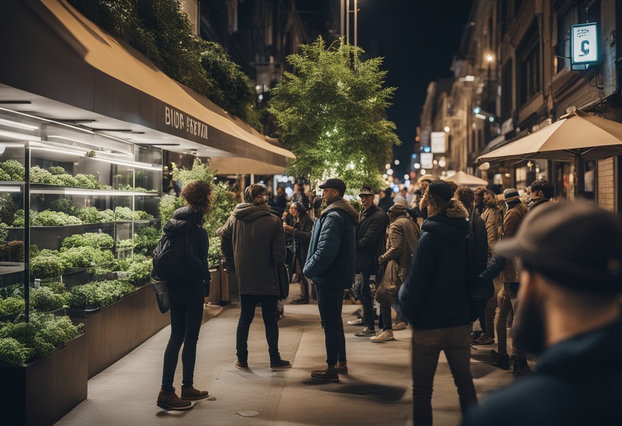 Eine belebte Stadtstraße mit Menschen, die sich bei einem neu eröffneten Cannabisgeschäft versammeln, mit Anzeichen von wirtschaftlichem Wachstum und sozialer Akzeptanz.