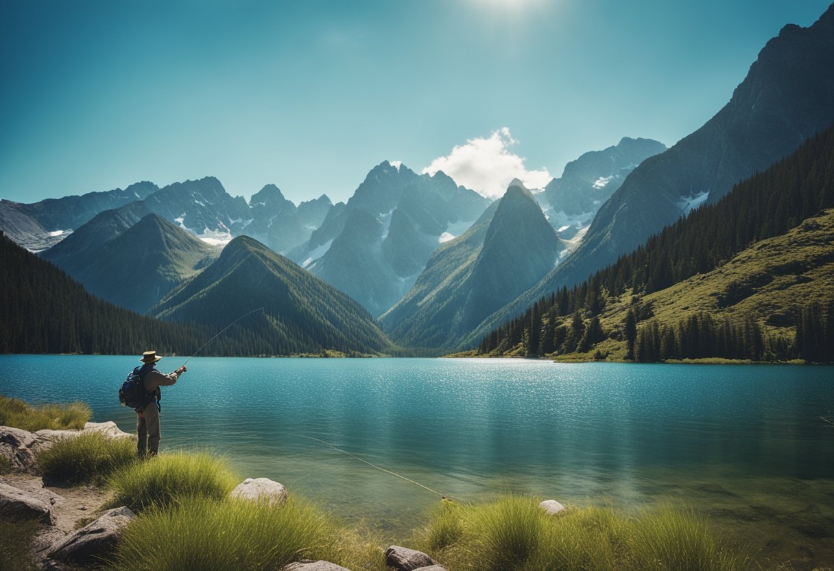 A fisherman casting a sinking fly line into a mountain lake, surrounded by tall peaks and clear blue skies