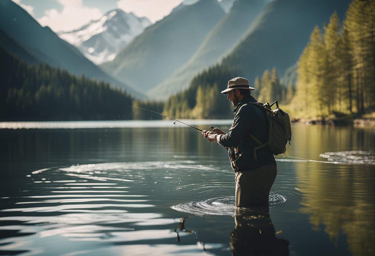 A serene mountain lake with a fly fisherman casting a sinking fly line into the clear, deep water surrounded by towering peaks