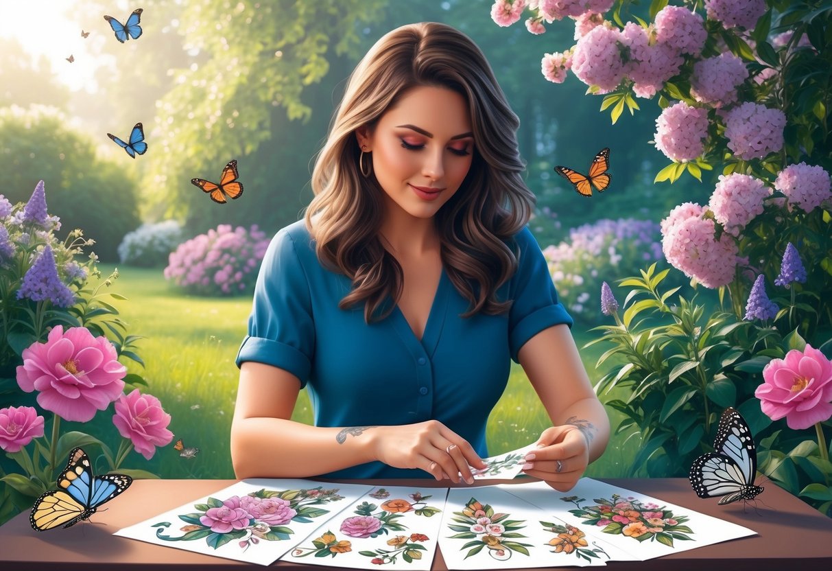 A woman sitting in a serene garden, surrounded by blooming flowers and butterflies, as she carefully examines different tattoo designs on a table in front of her