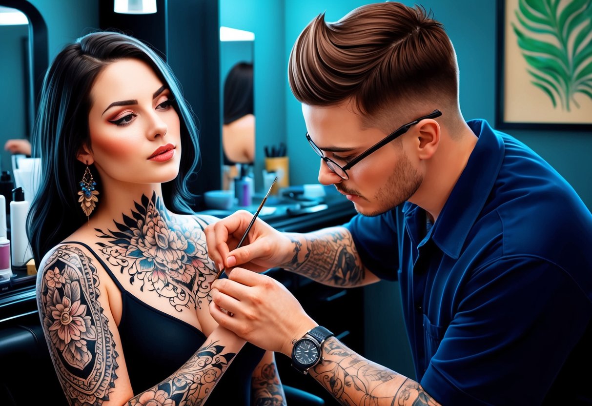 A professional tattoo artist carefully creating intricate designs for women