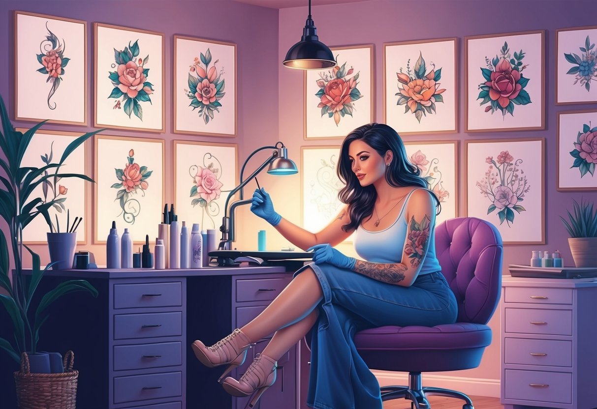 A woman sits in a cozy tattoo studio, surrounded by feminine tattoo designs. The artist prepares their equipment, creating a calm and focused atmosphere