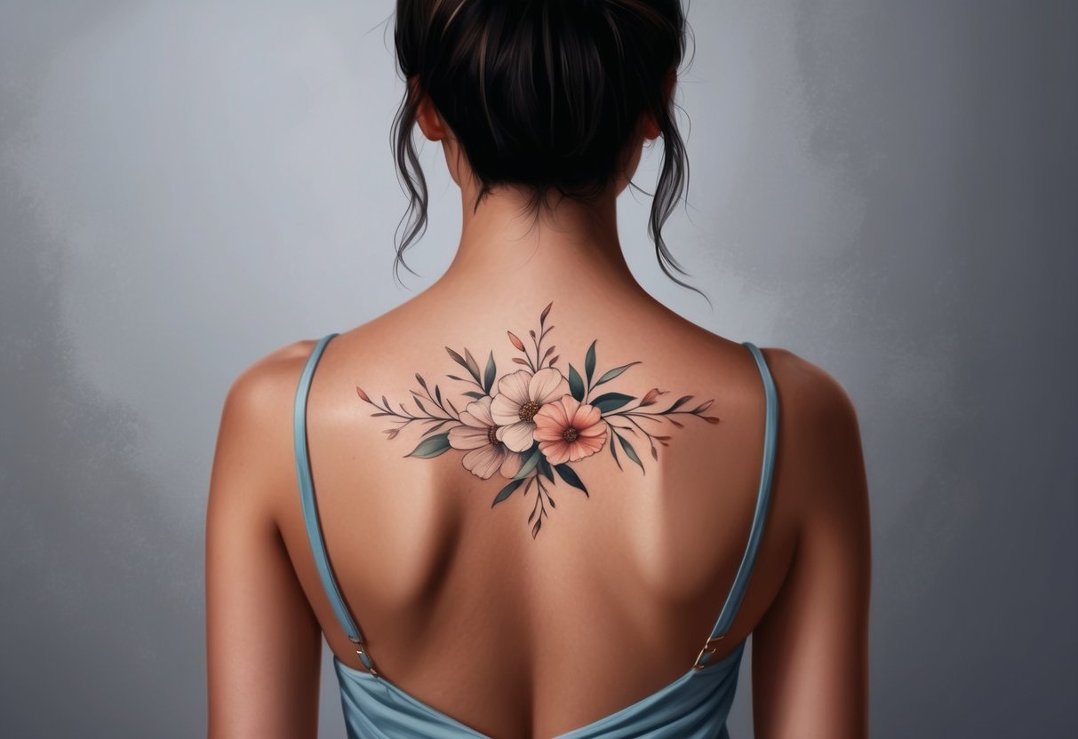 A woman's bare back with a delicate floral tattoo positioned between her shoulder blades, symbolizing strength and beauty