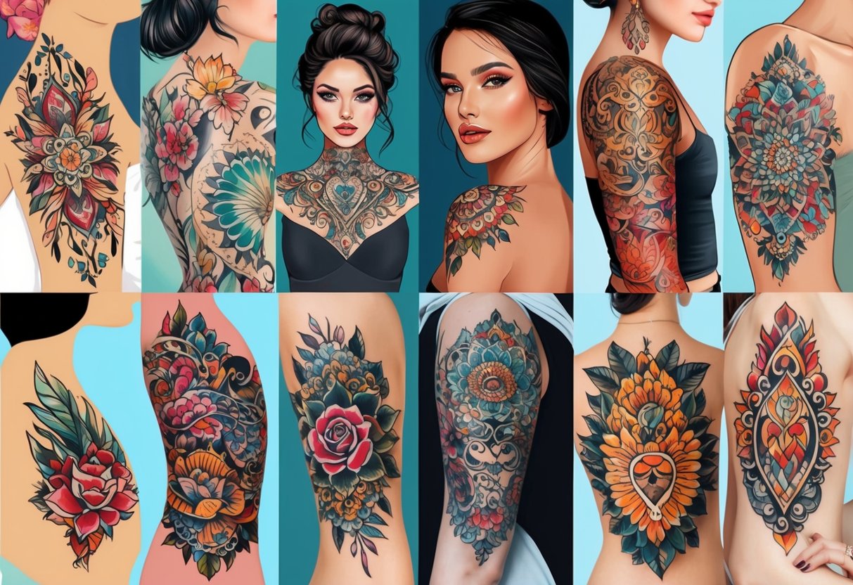 A diverse collection of intricate and colorful tattoo designs adorning various body parts of women